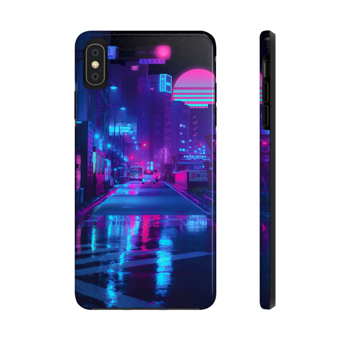 Cyberpunk Street, Dystopian Cyberpunk themed Phone Case with Lofi Aesthetic and Robotic Vaporwave Landscape