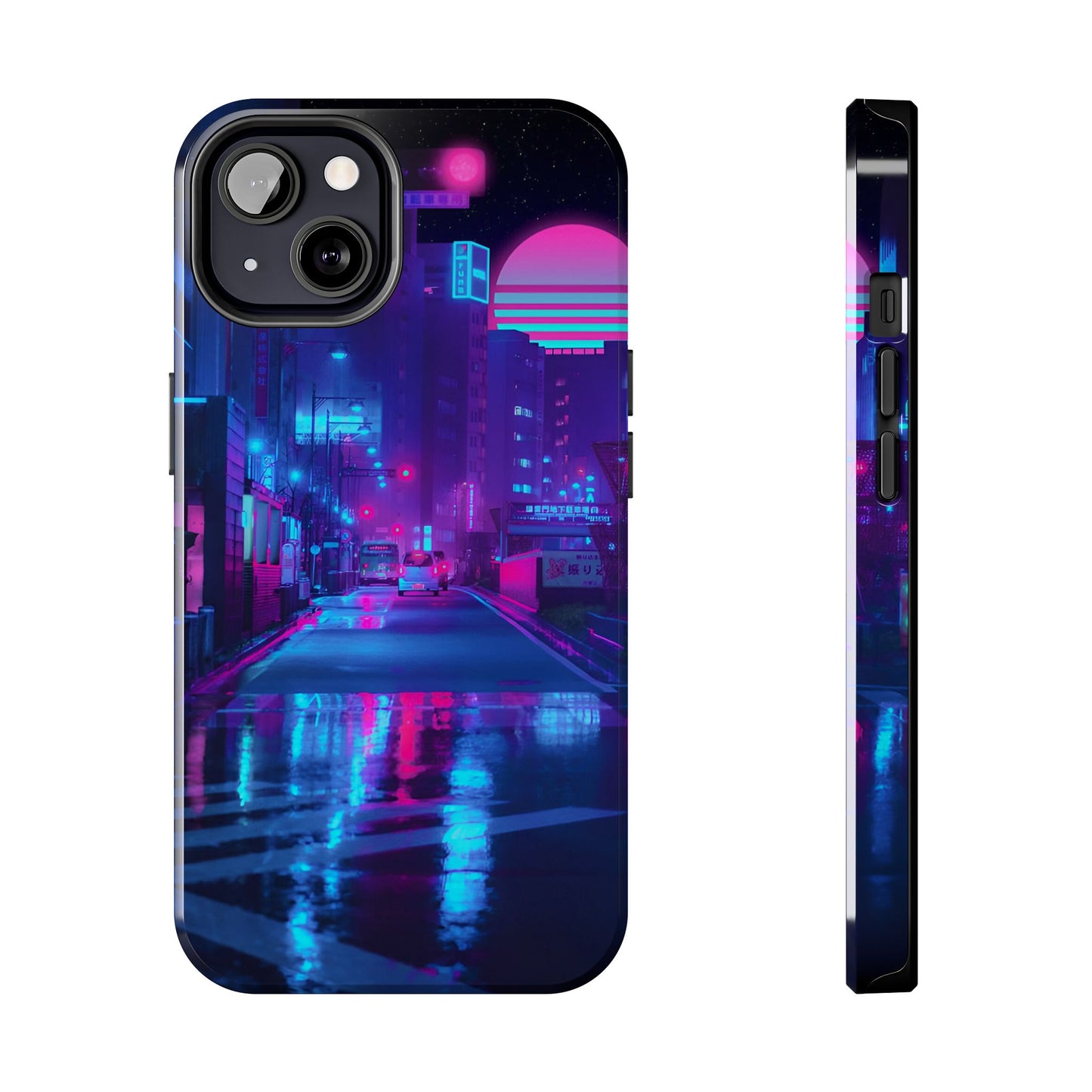 Cyberpunk Street, Dystopian Cyberpunk themed Phone Case with Lofi Aesthetic and Robotic Vaporwave Landscape