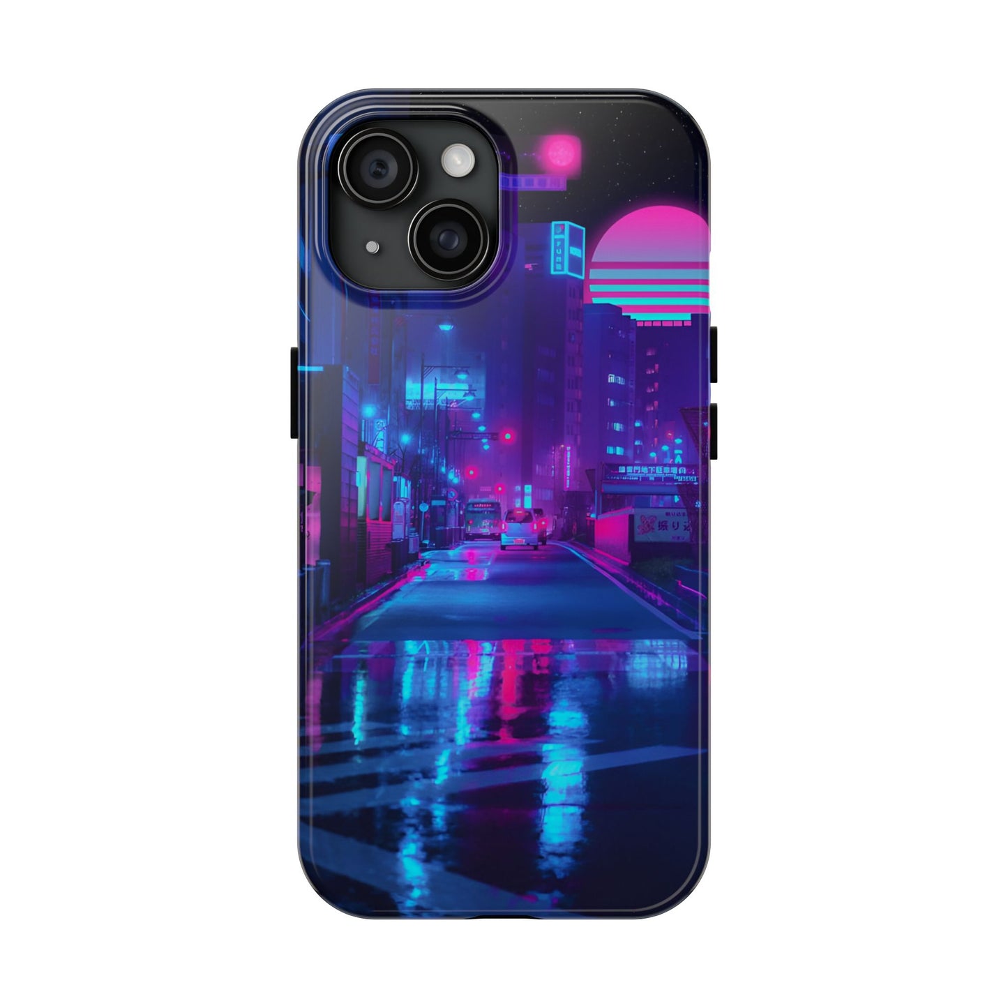 Cyberpunk Street, Dystopian Cyberpunk themed Phone Case with Lofi Aesthetic and Robotic Vaporwave Landscape