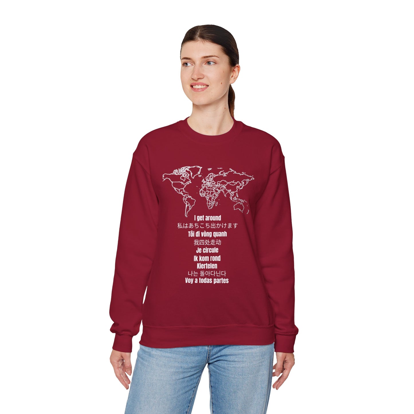 Crewneck World Map Sweatshirt- "I Get Around" Travel Lover, Front and Back Design