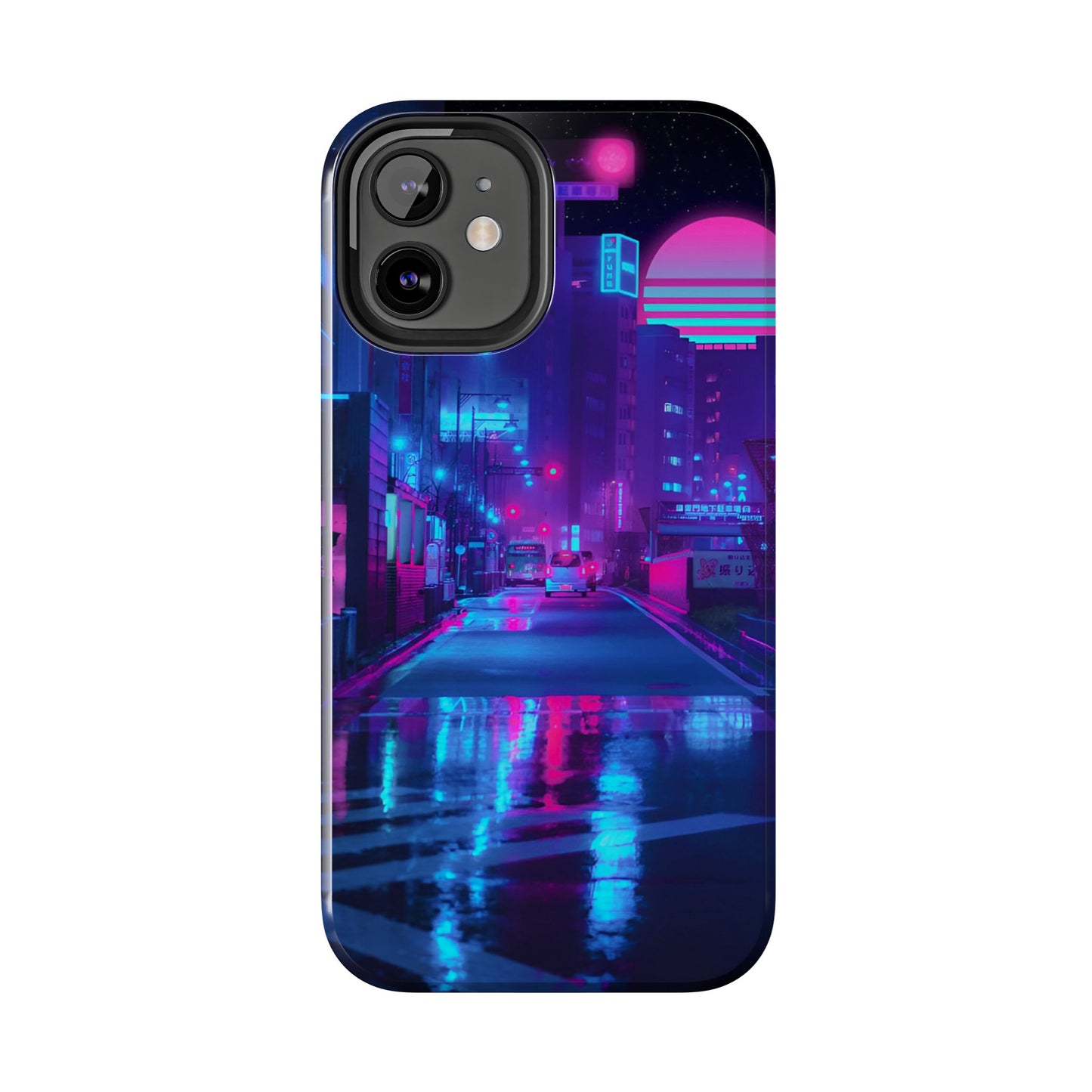 Cyberpunk Street, Dystopian Cyberpunk themed Phone Case with Lofi Aesthetic and Robotic Vaporwave Landscape