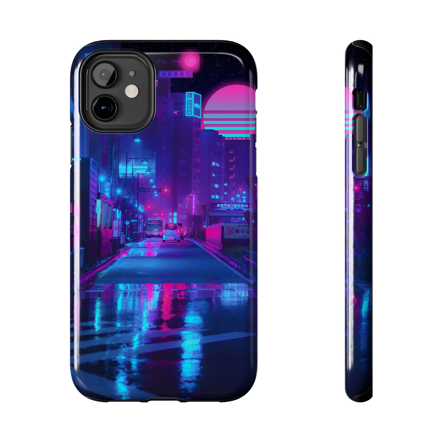 Cyberpunk Street, Dystopian Cyberpunk themed Phone Case with Lofi Aesthetic and Robotic Vaporwave Landscape