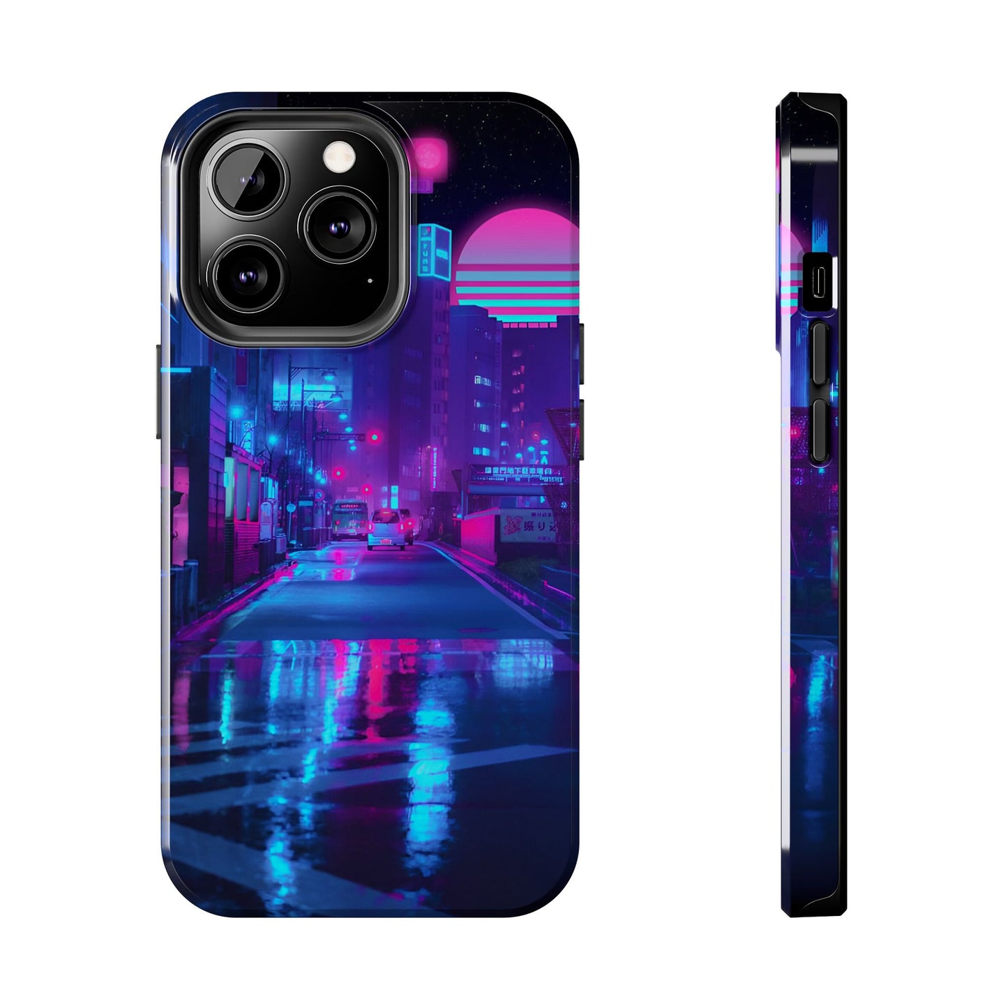 Cyberpunk Street, Dystopian Cyberpunk themed Phone Case with Lofi Aesthetic and Robotic Vaporwave Landscape