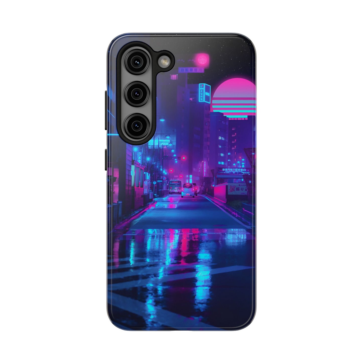 Cyberpunk Street, Dystopian Cyberpunk themed Phone Case with Lofi Aesthetic and Robotic Vaporwave Landscape