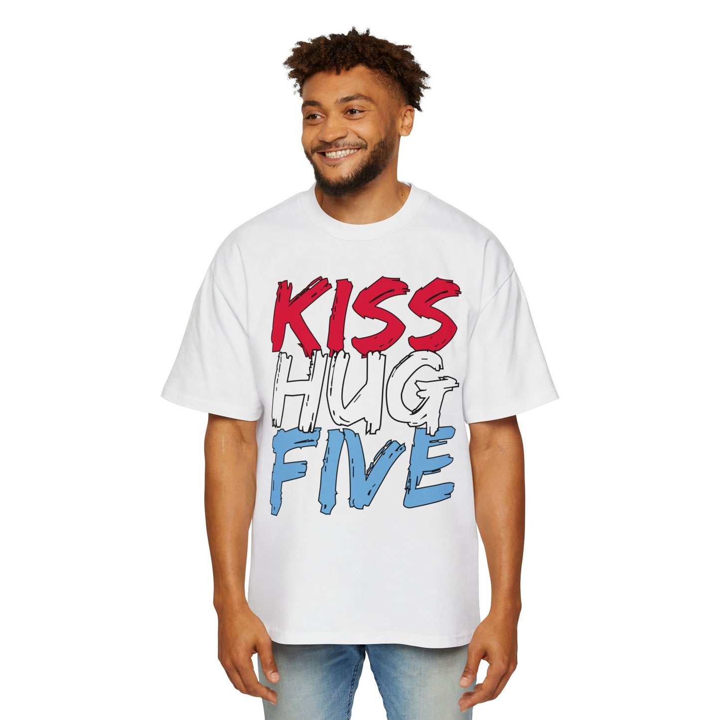 KissHugFive Red, White and Light Blue Men's Heavy Oversized Travel Tee, Front and Back Printing