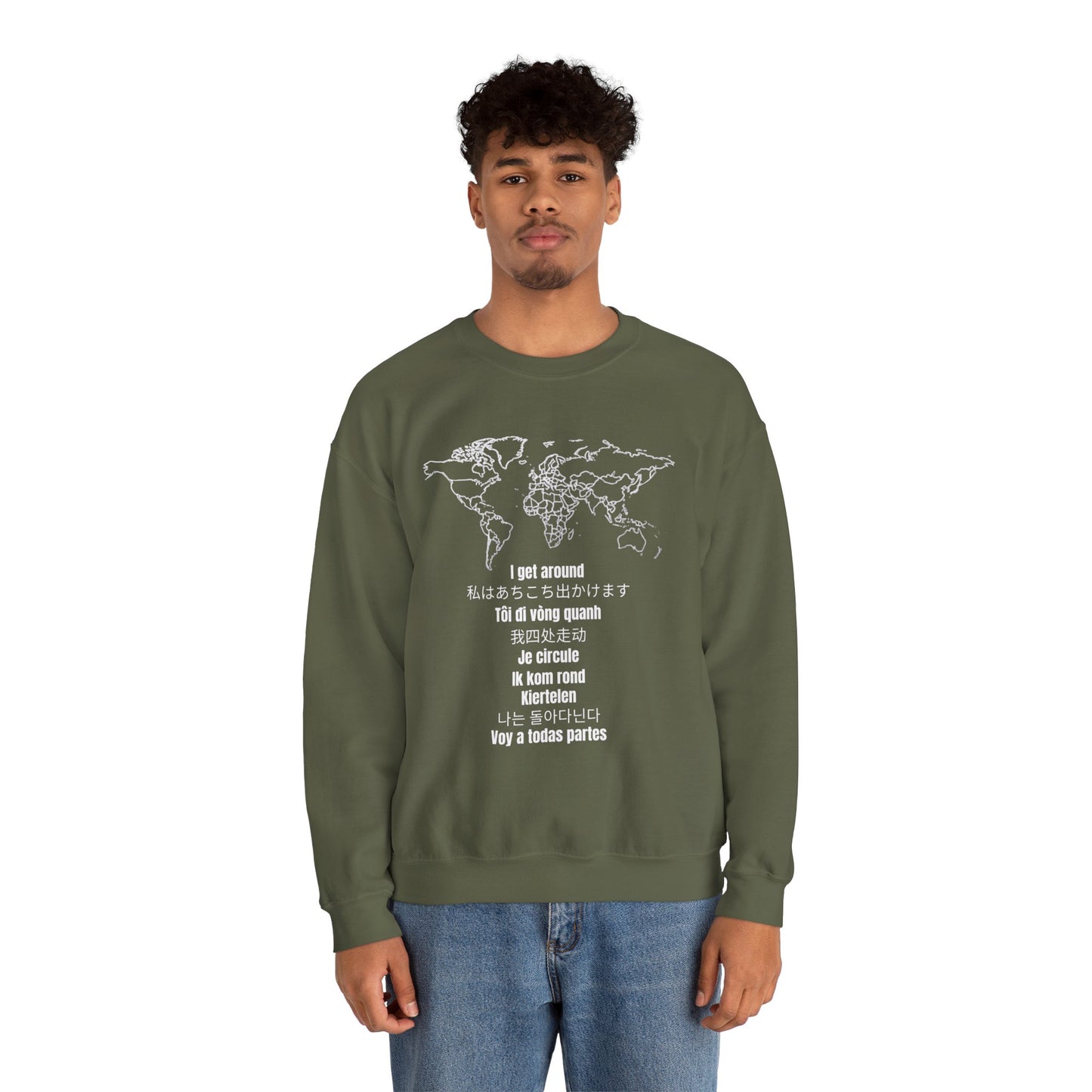 Crewneck World Map Sweatshirt- "I Get Around" Travel Lover, Front and Back Design