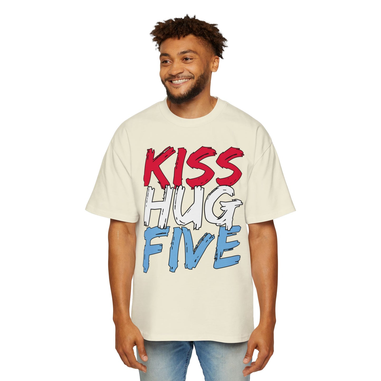 KissHugFive Red, White and Light Blue Men's Heavy Oversized Travel Tee, Front and Back Printing