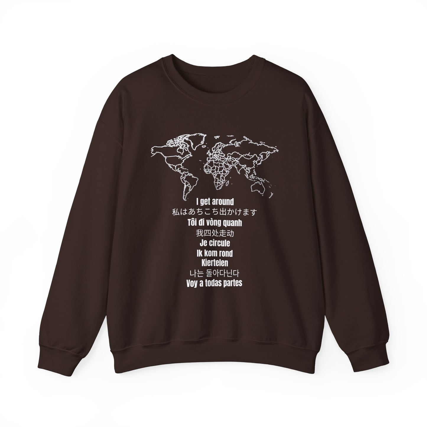 Crewneck World Map Sweatshirt- "I Get Around" Travel Lover, Front and Back Design