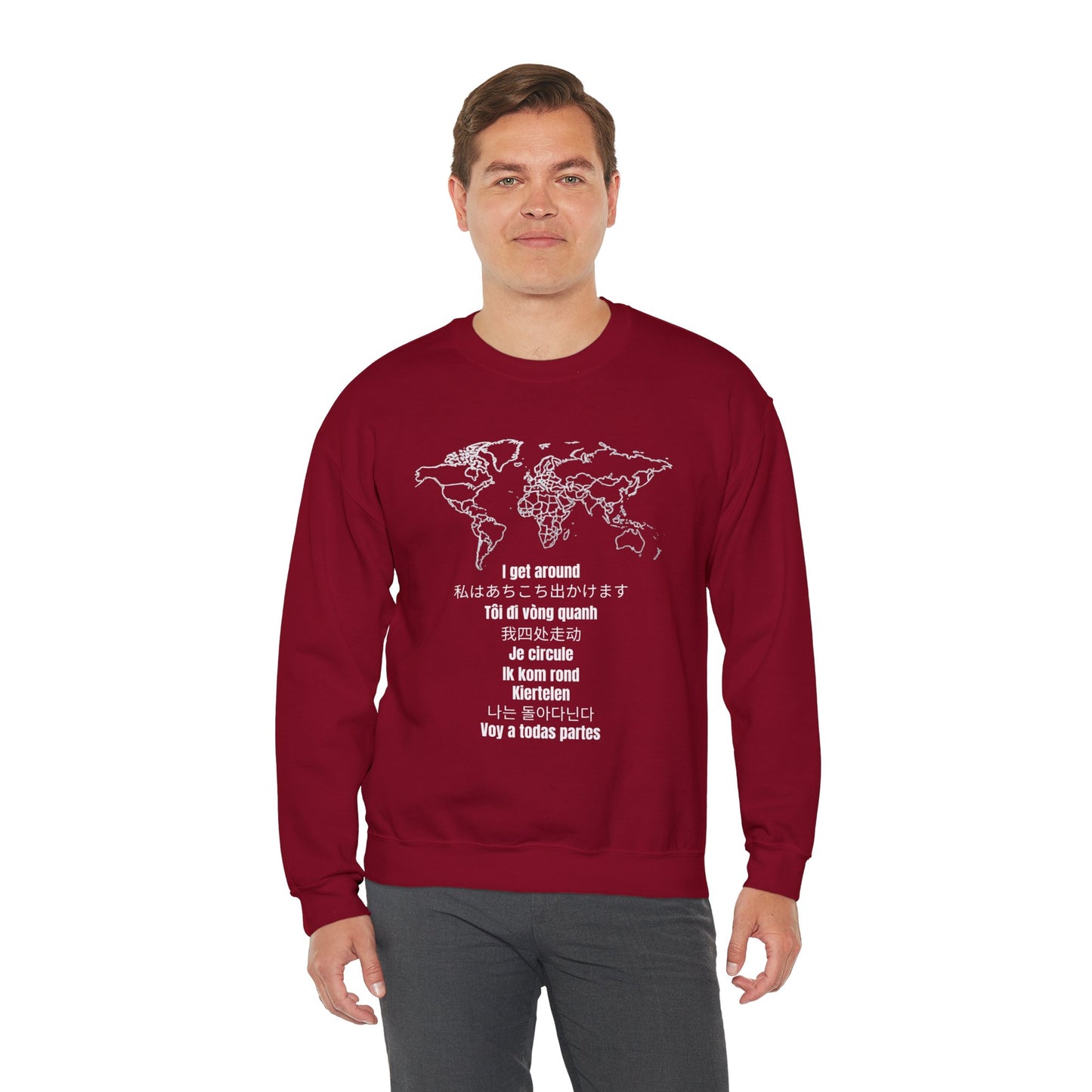 Crewneck World Map Sweatshirt- "I Get Around" Travel Lover, Front and Back Design