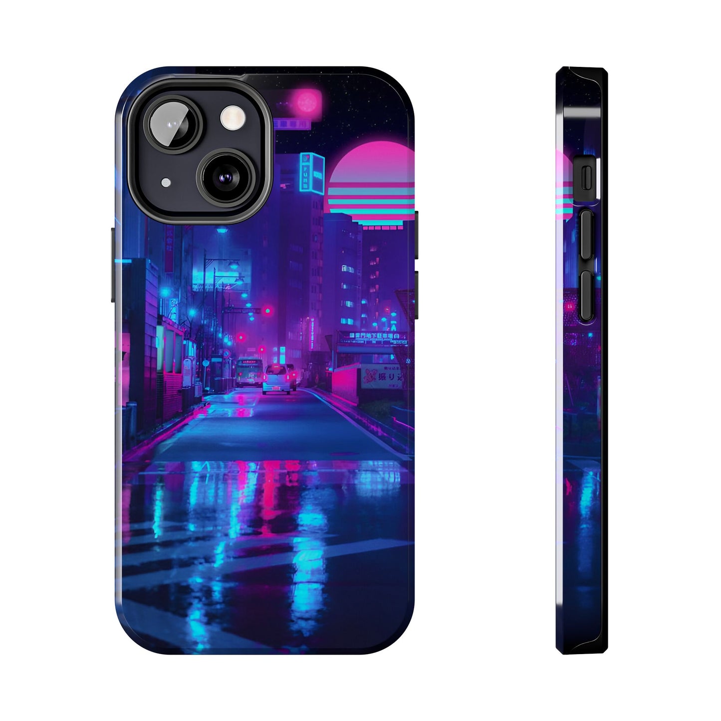 Cyberpunk Street, Dystopian Cyberpunk themed Phone Case with Lofi Aesthetic and Robotic Vaporwave Landscape