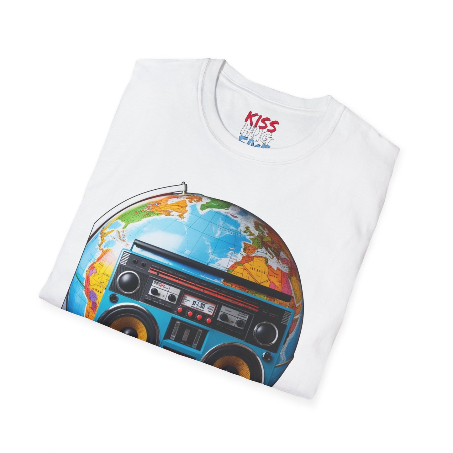 World Globe Travel Map and 1980s Boom Box - Nostalgia Mashup Travel Wear Tee