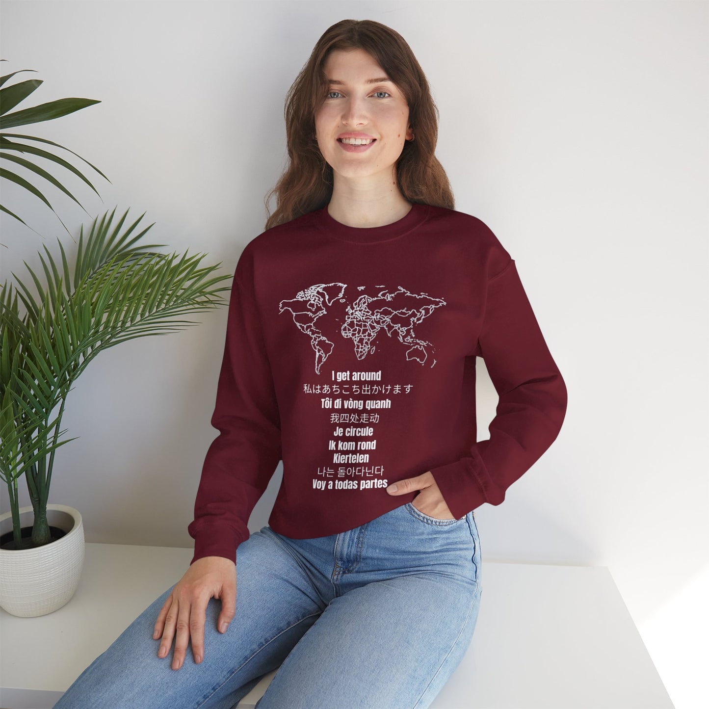 Crewneck World Map Sweatshirt- "I Get Around" Travel Lover, Front and Back Design