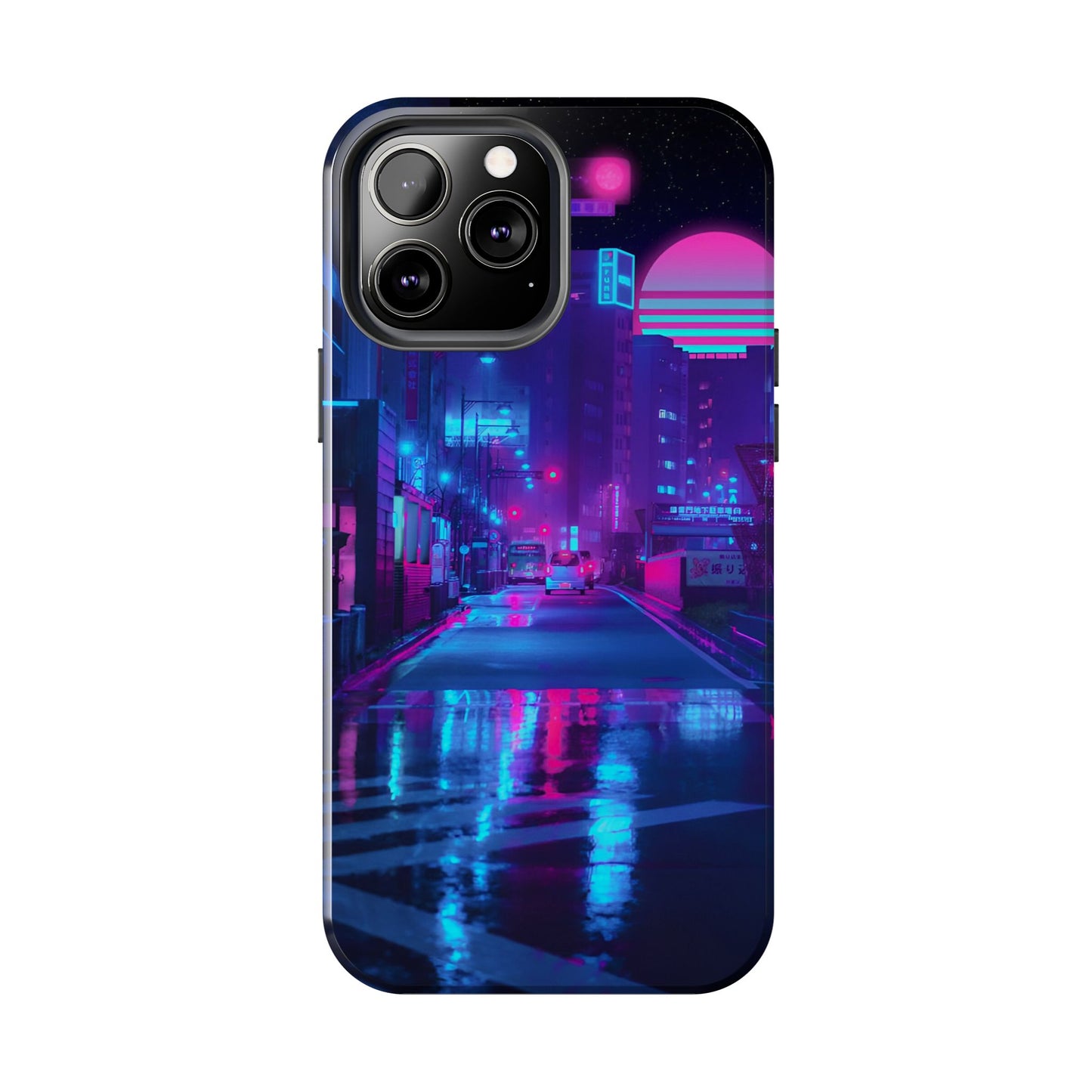 Cyberpunk Street, Dystopian Cyberpunk themed Phone Case with Lofi Aesthetic and Robotic Vaporwave Landscape