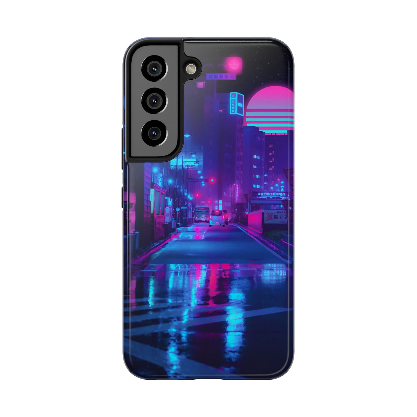 Cyberpunk Street, Dystopian Cyberpunk themed Phone Case with Lofi Aesthetic and Robotic Vaporwave Landscape