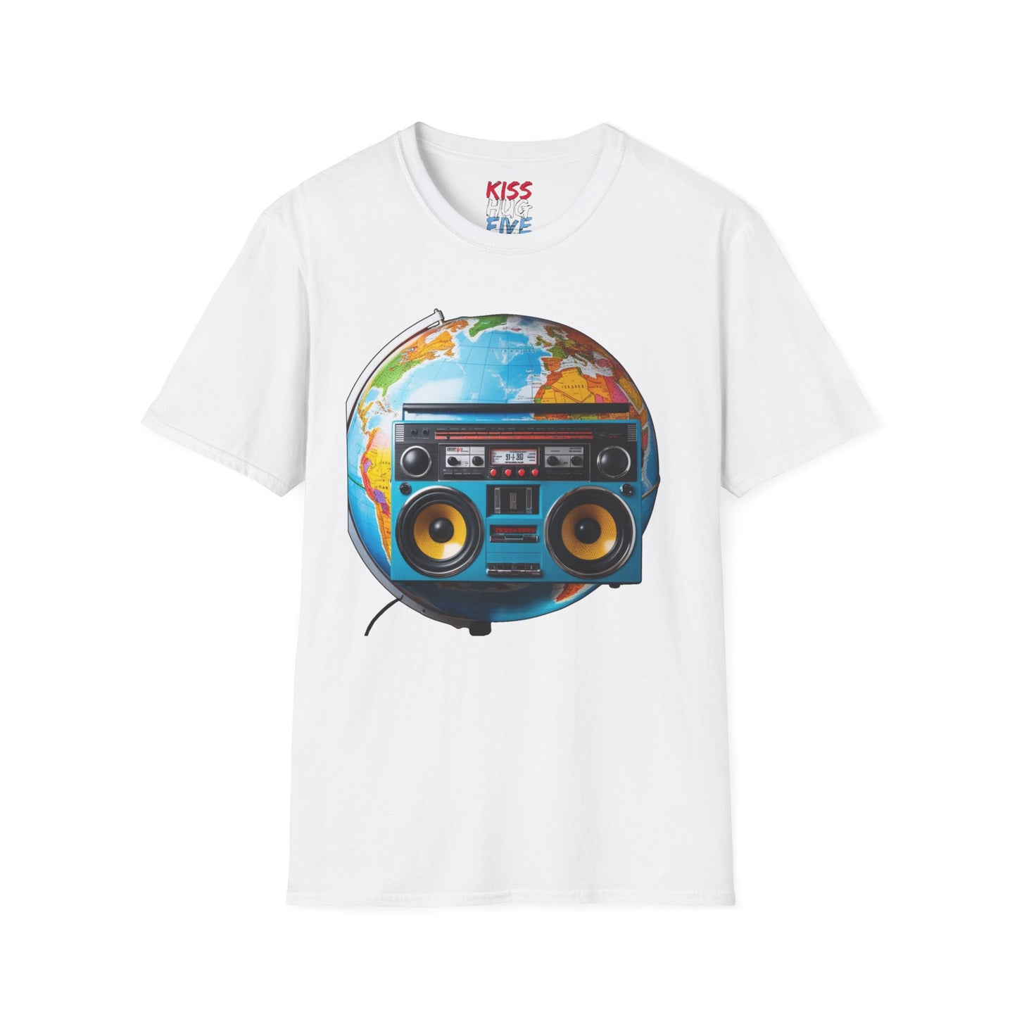 World Globe Travel Map and 1980s Boom Box - Nostalgia Mashup Travel Wear Tee