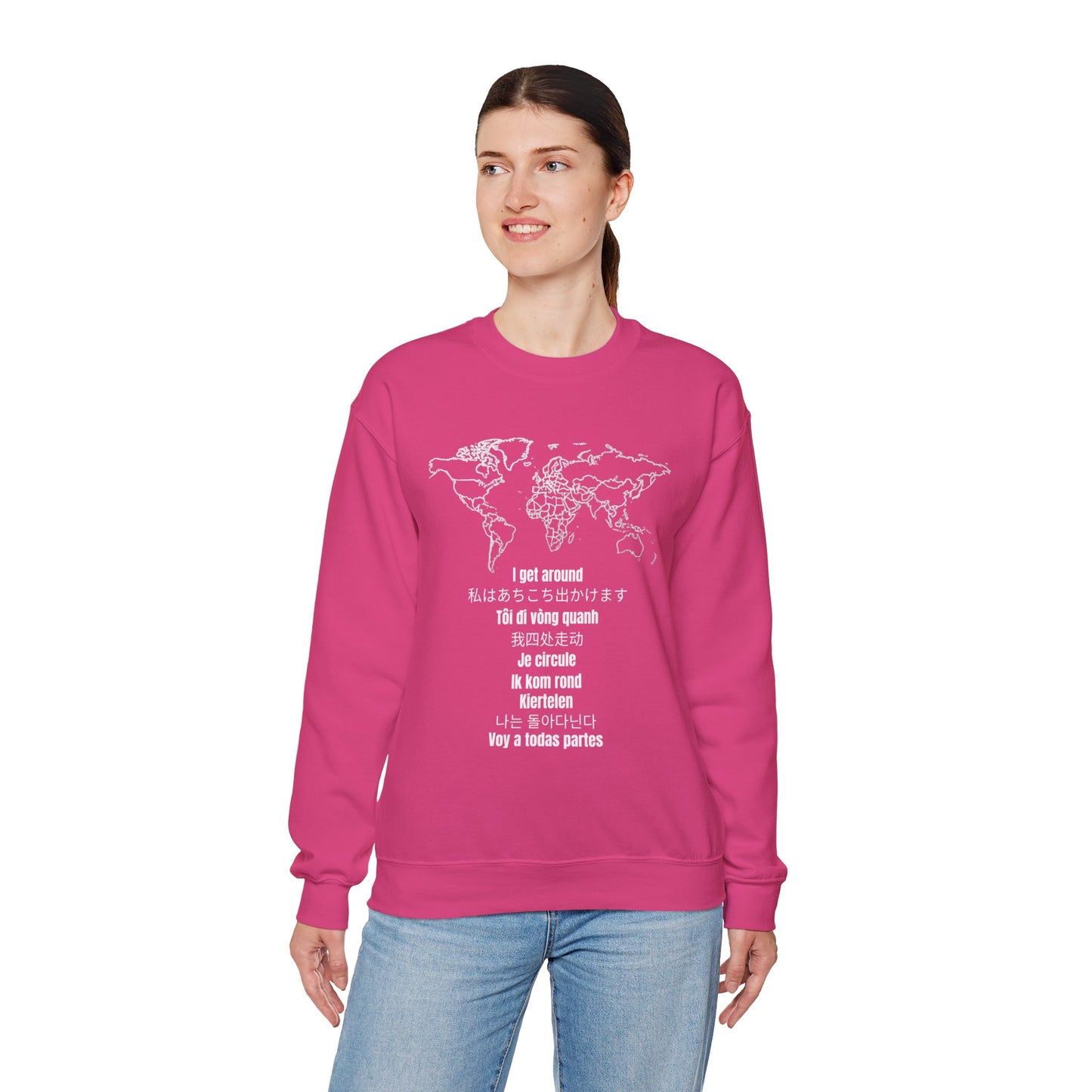 Crewneck World Map Sweatshirt- "I Get Around" Travel Lover, Front and Back Design