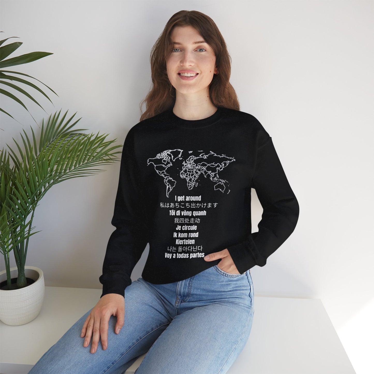 Crewneck World Map Sweatshirt- "I Get Around" Travel Lover, Front and Back Design