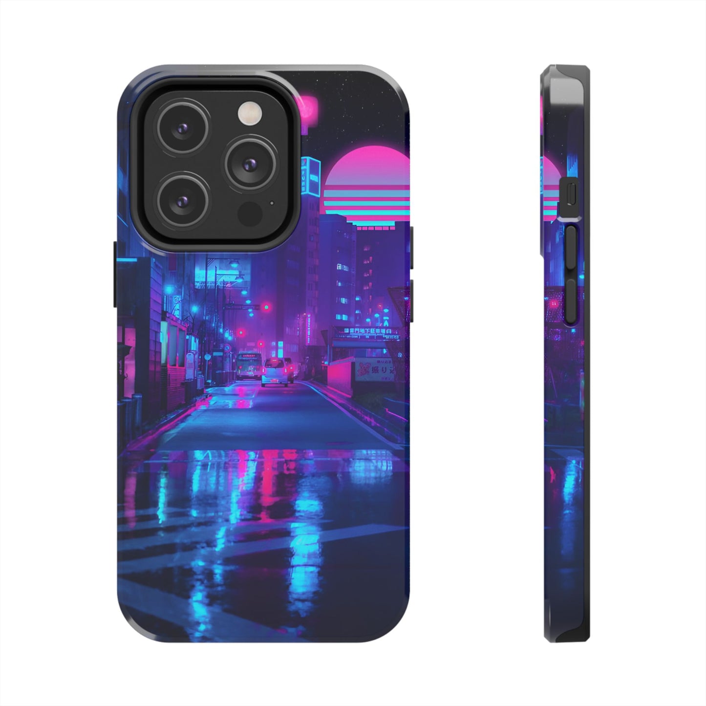 Cyberpunk Street, Dystopian Cyberpunk themed Phone Case with Lofi Aesthetic and Robotic Vaporwave Landscape