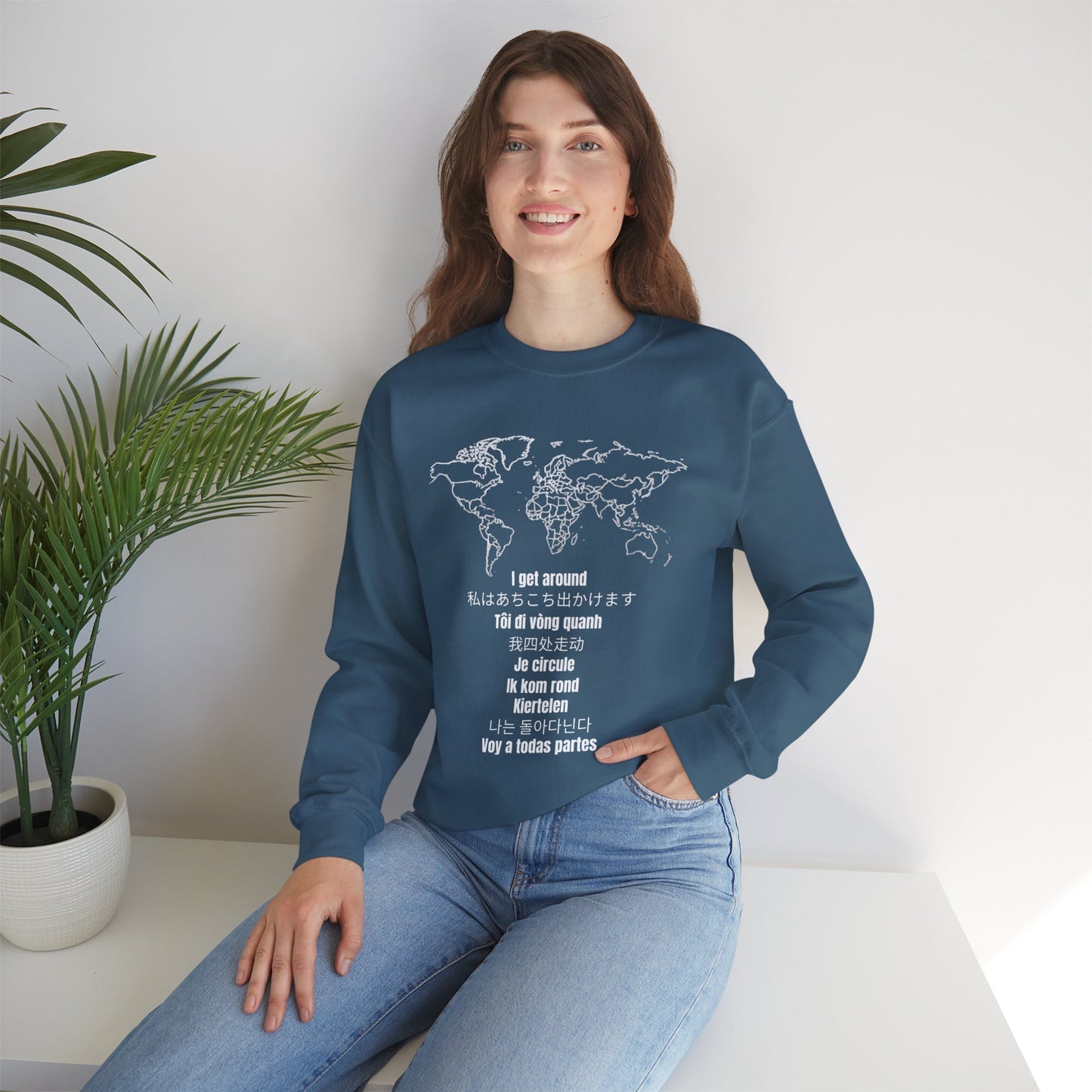 Crewneck World Map Sweatshirt- "I Get Around" Travel Lover, Front and Back Design