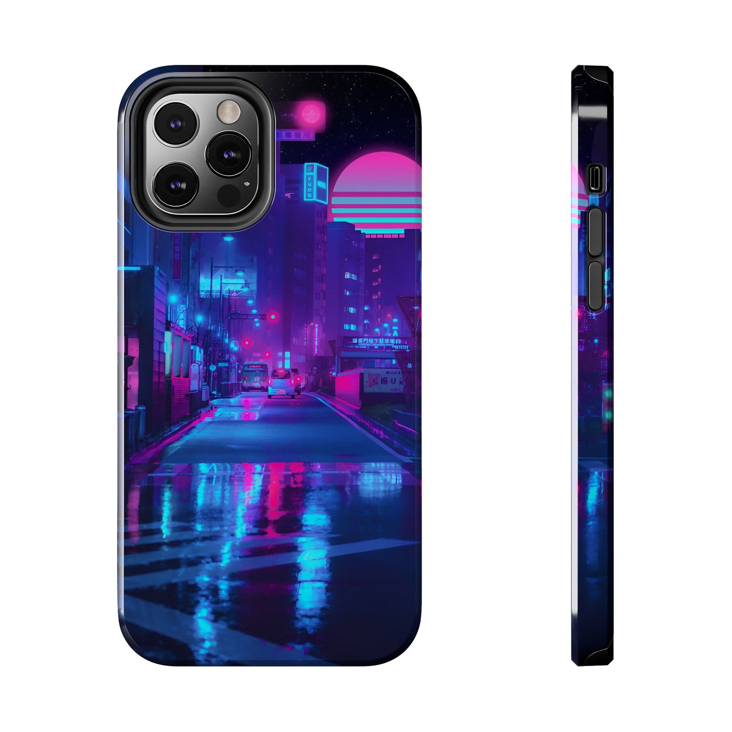 Cyberpunk Street, Dystopian Cyberpunk themed Phone Case with Lofi Aesthetic and Robotic Vaporwave Landscape