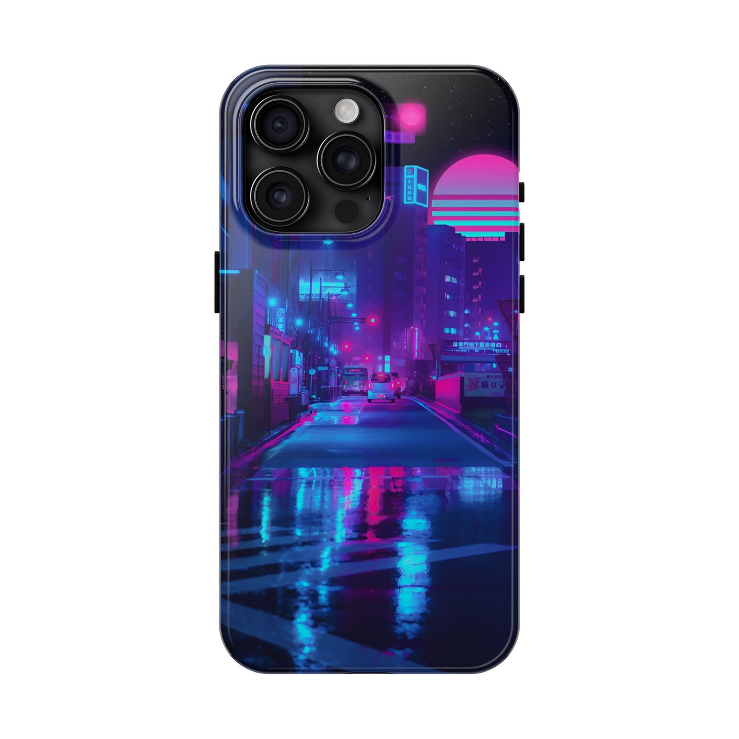 Cyberpunk Street, Dystopian Cyberpunk themed Phone Case with Lofi Aesthetic and Robotic Vaporwave Landscape