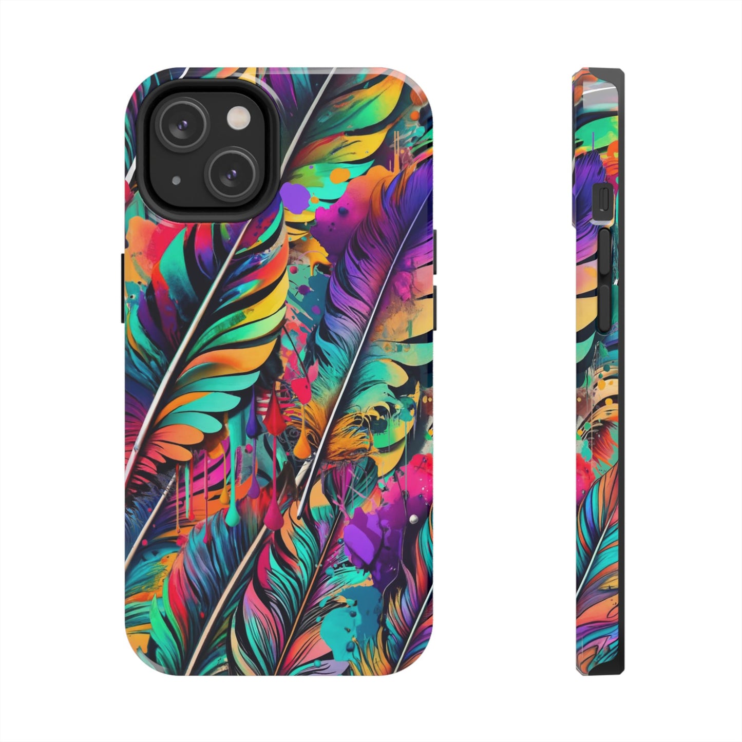 Feather Art, Vivid Color Ink Drip Phone Case, Fusion of Vaporwave and Pastel Colors