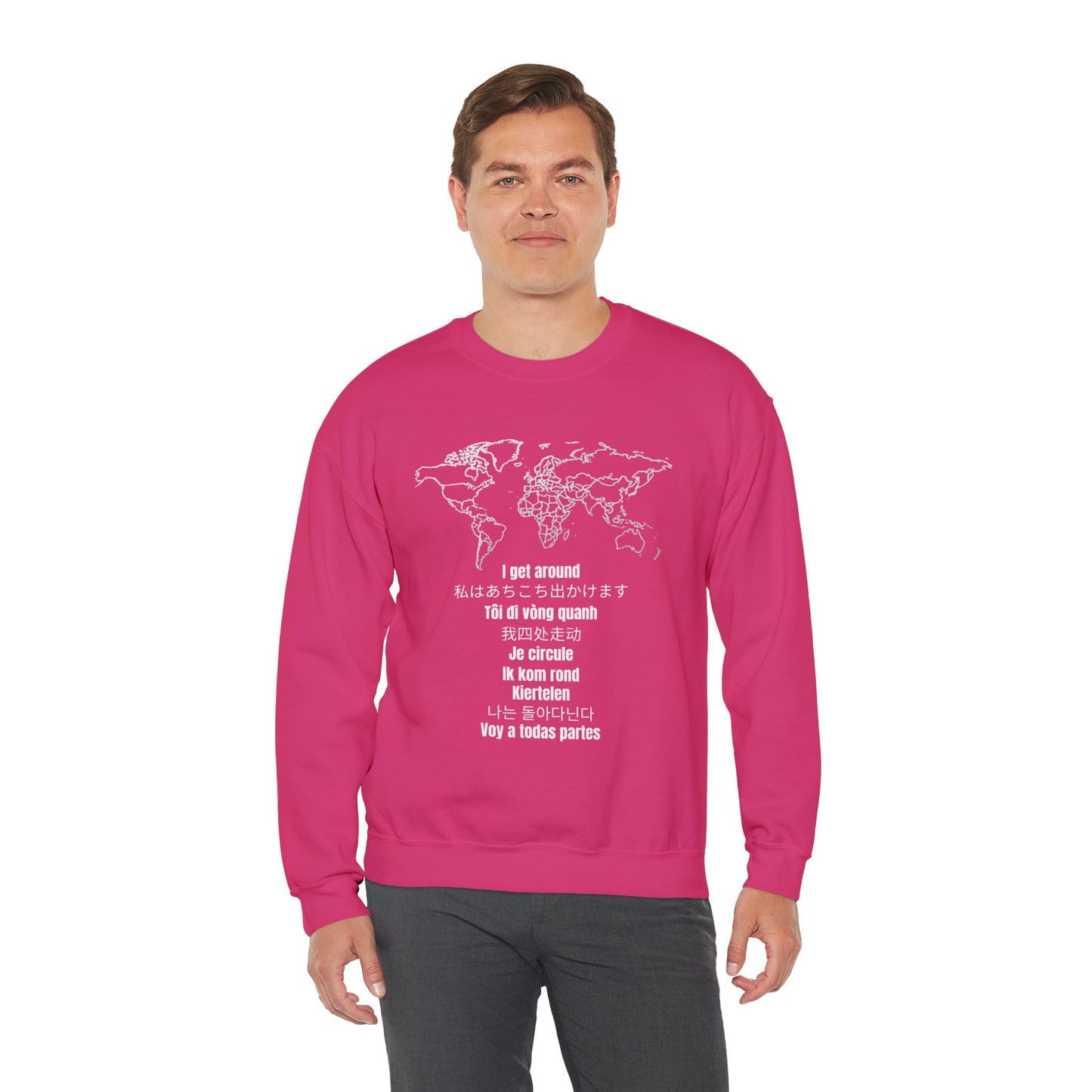 Crewneck World Map Sweatshirt- "I Get Around" Travel Lover, Front and Back Design