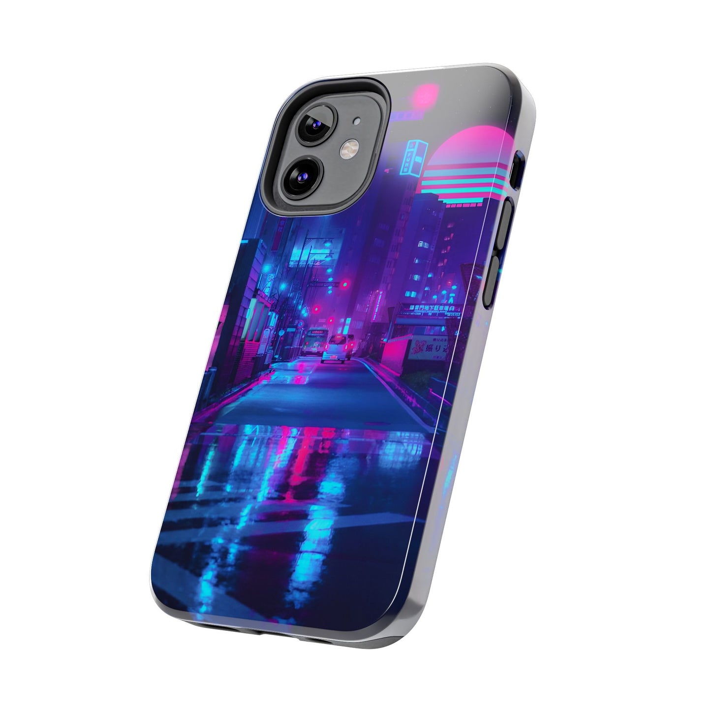 Cyberpunk Street, Dystopian Cyberpunk themed Phone Case with Lofi Aesthetic and Robotic Vaporwave Landscape