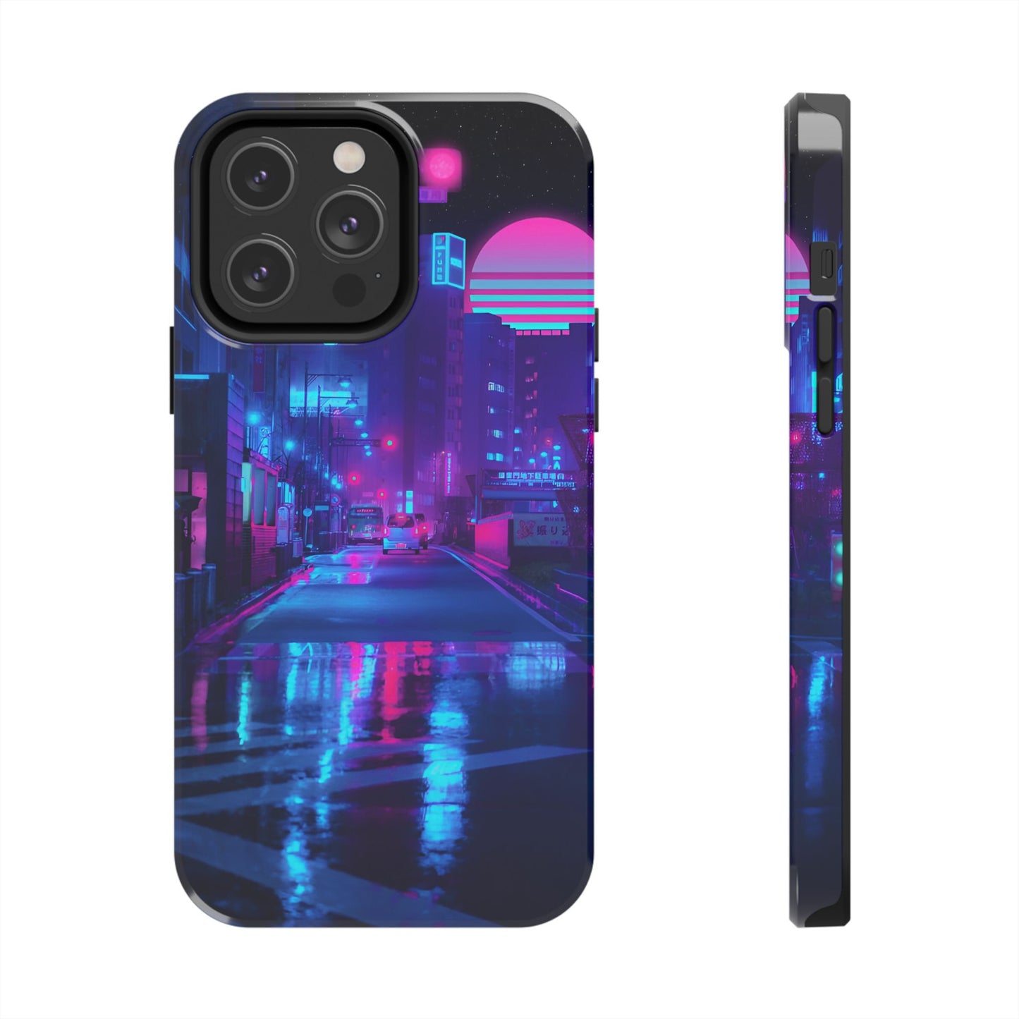 Cyberpunk Street, Dystopian Cyberpunk themed Phone Case with Lofi Aesthetic and Robotic Vaporwave Landscape