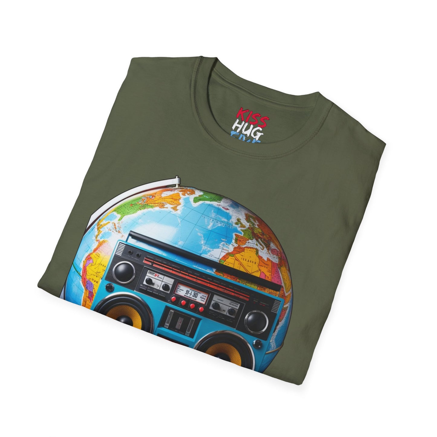 World Globe Travel Map and 1980s Boom Box - Nostalgia Mashup Travel Wear Tee