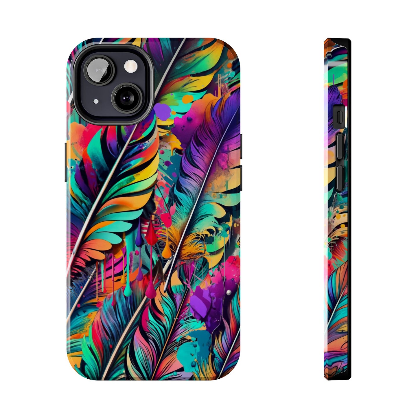 Feather Art, Vivid Color Ink Drip Phone Case, Fusion of Vaporwave and Pastel Colors