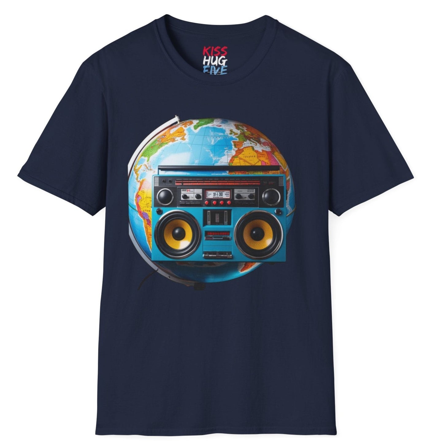 World Globe Travel Map and 1980s Boom Box - Nostalgia Mashup Travel Wear Tee