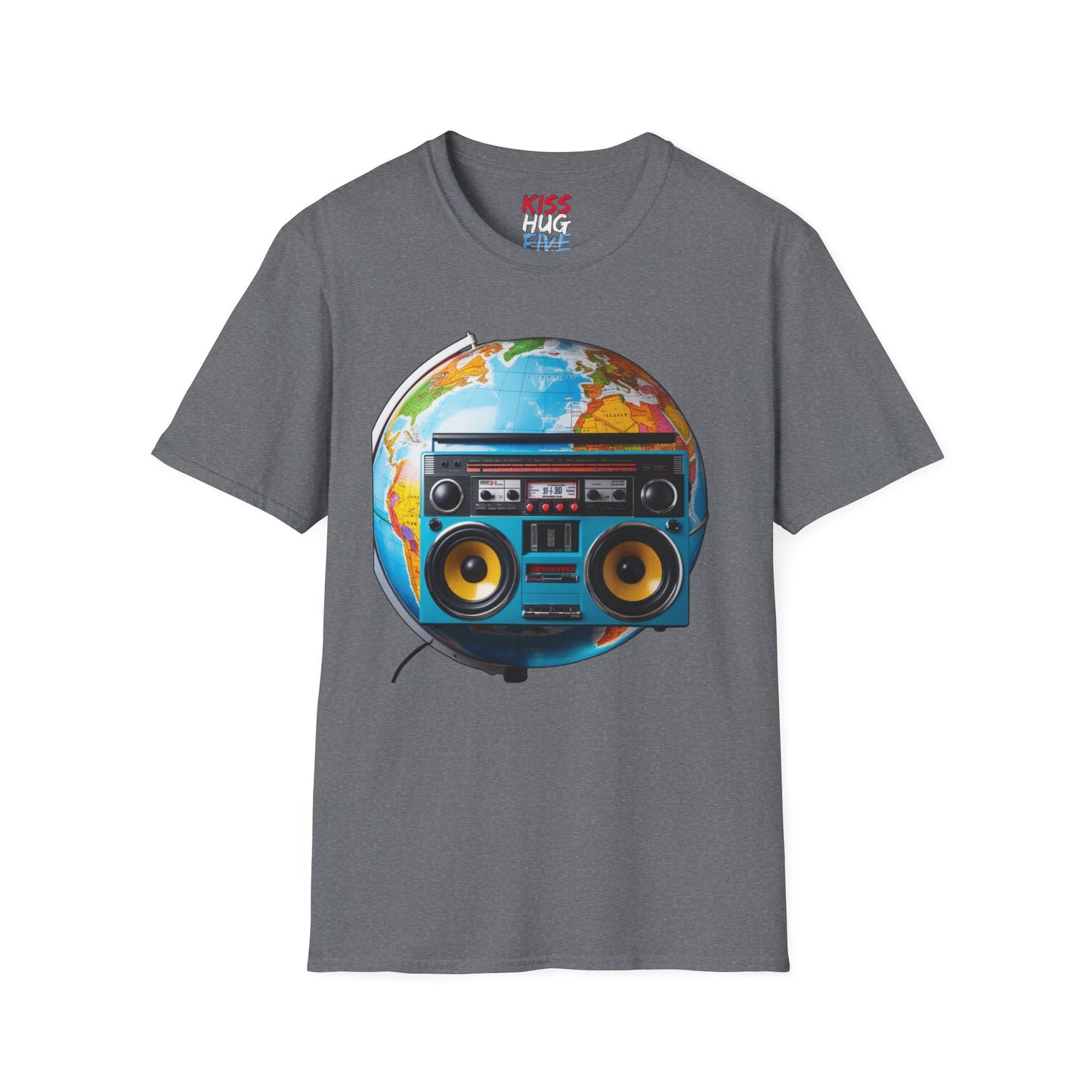 World Globe Travel Map and 1980s Boom Box - Nostalgia Mashup Travel Wear Tee