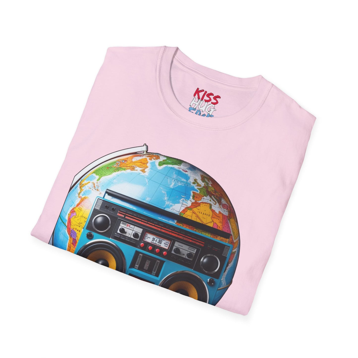 World Globe Travel Map and 1980s Boom Box - Nostalgia Mashup Travel Wear Tee