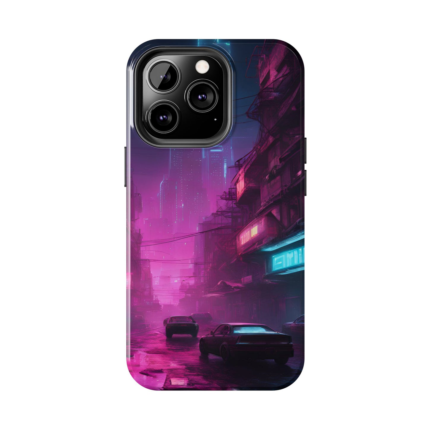 Cyberpunk Alley in Dystopian City Themed Phone Case with Lofi Aesthetic and Robotic Vaporwave Feel