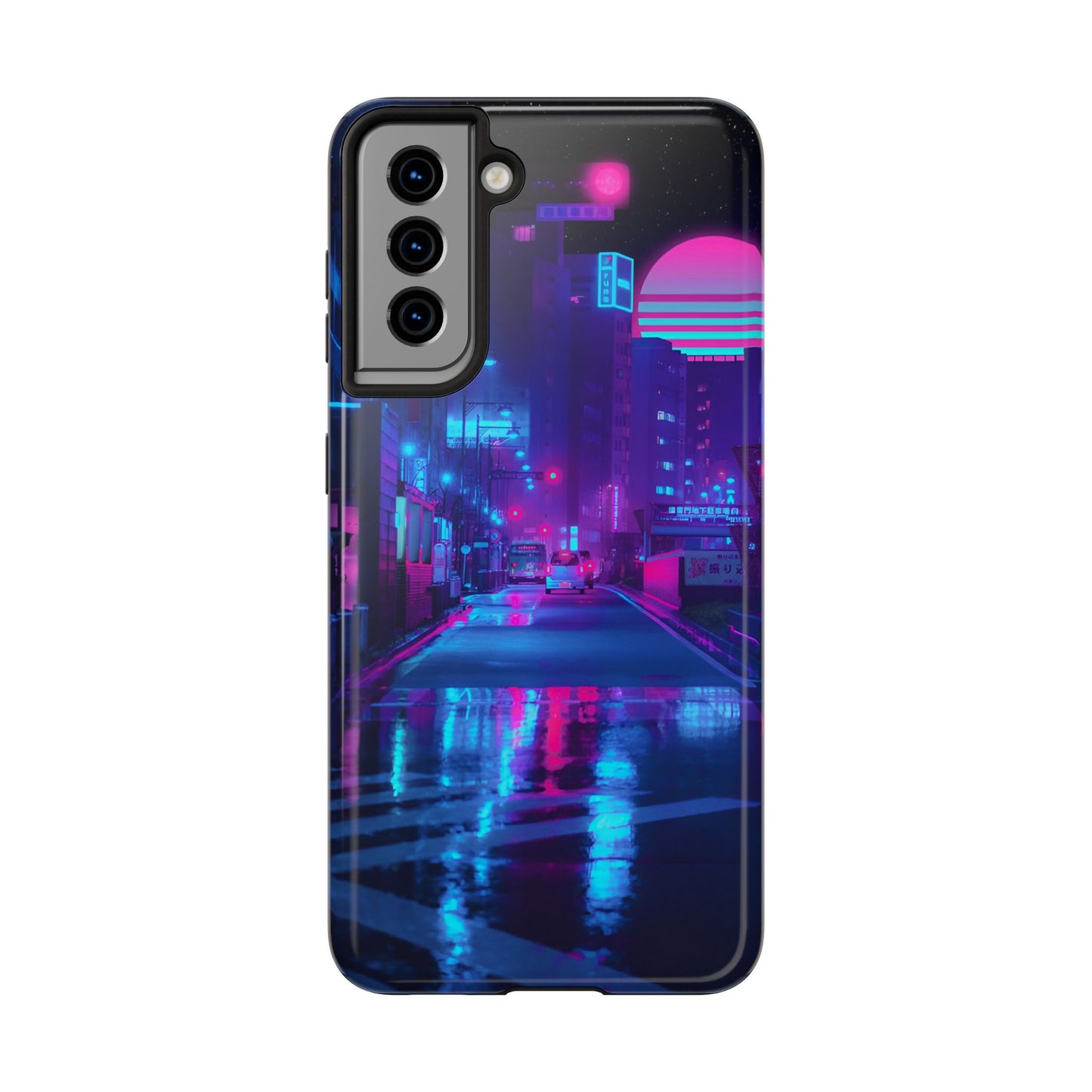 Cyberpunk Street, Dystopian Cyberpunk themed Phone Case with Lofi Aesthetic and Robotic Vaporwave Landscape