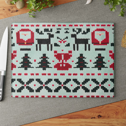 Glass Cutting Board with Ugly Christmas Sweater Knitted Pattern