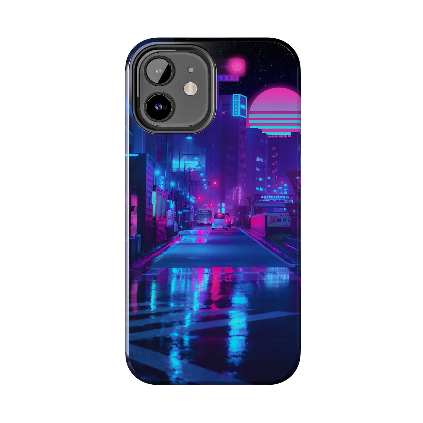 Cyberpunk Street, Dystopian Cyberpunk themed Phone Case with Lofi Aesthetic and Robotic Vaporwave Landscape