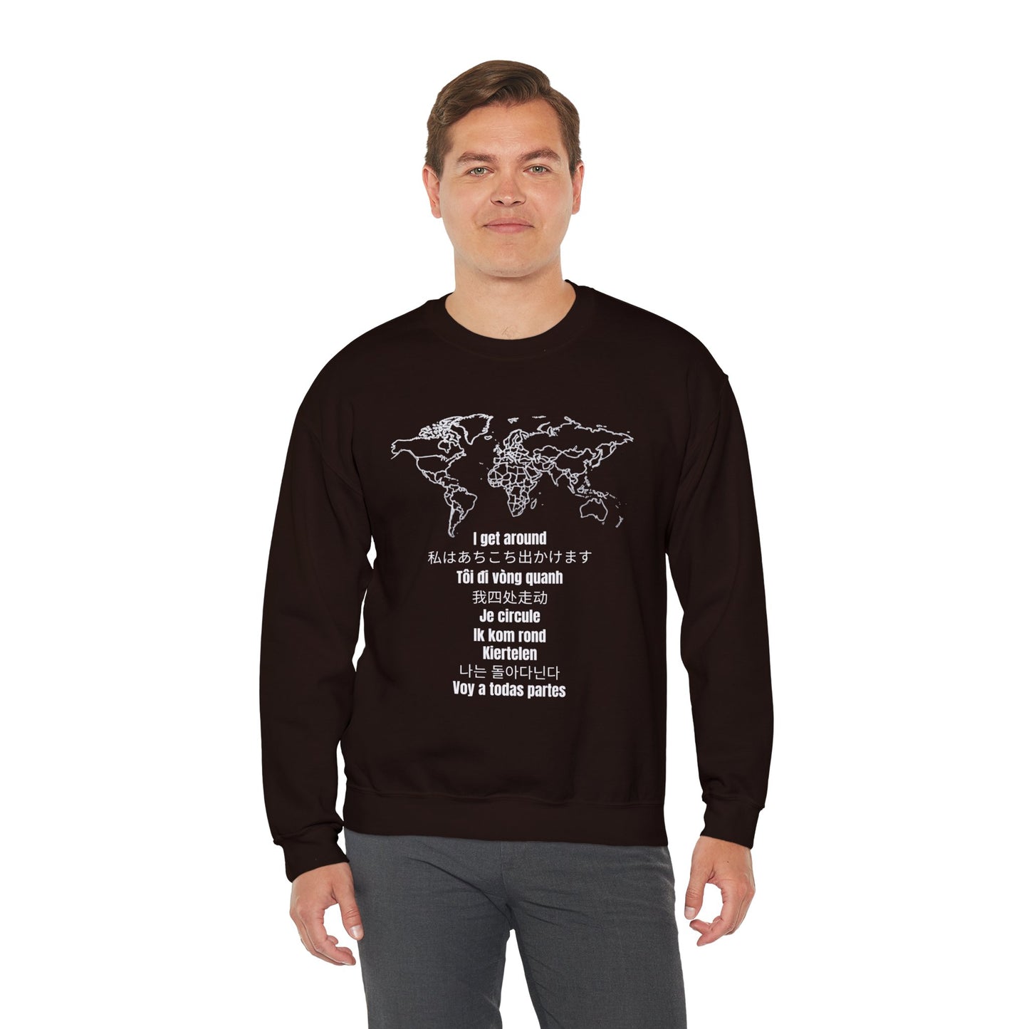 Crewneck World Map Sweatshirt- "I Get Around" Travel Lover, Front and Back Design