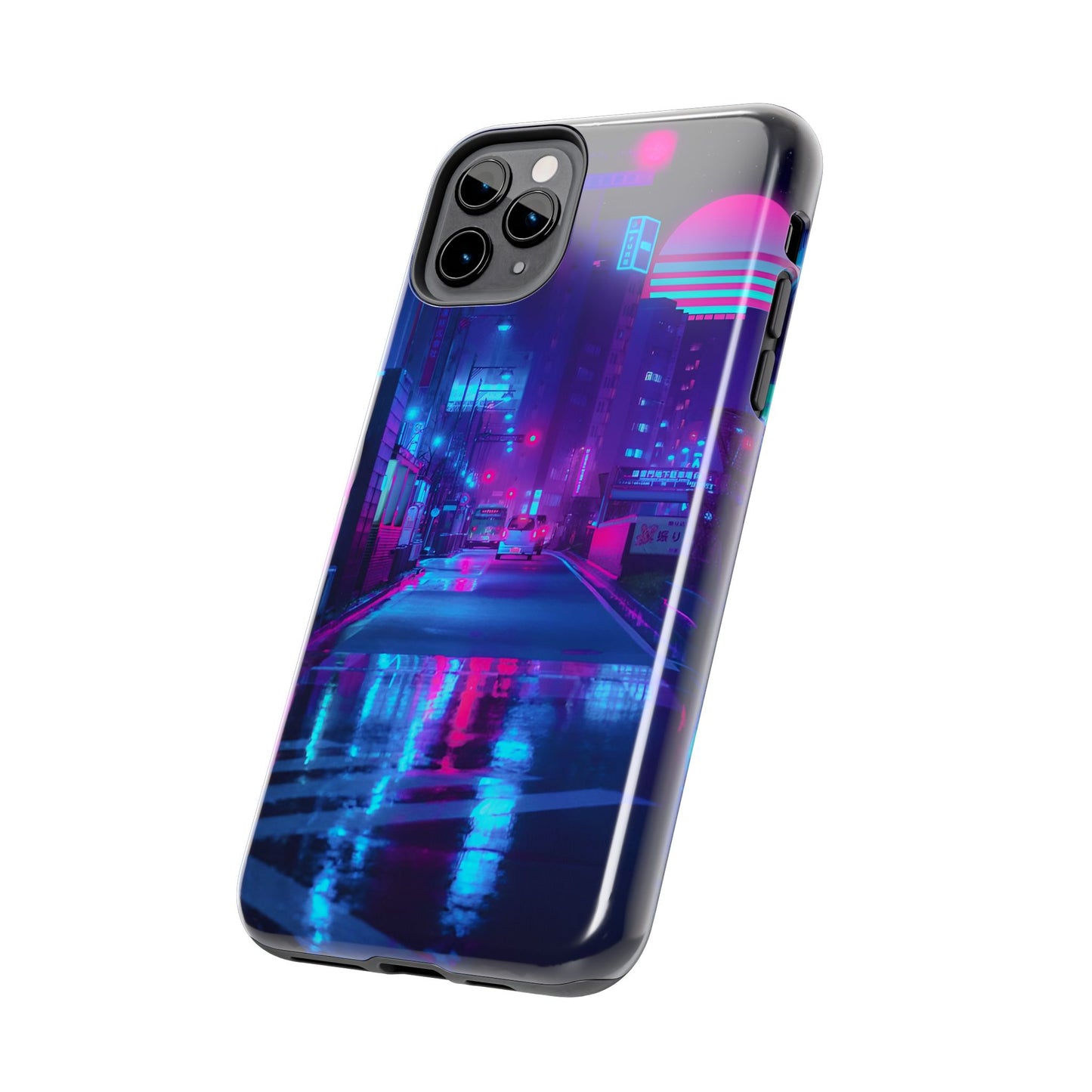 Cyberpunk Street, Dystopian Cyberpunk themed Phone Case with Lofi Aesthetic and Robotic Vaporwave Landscape