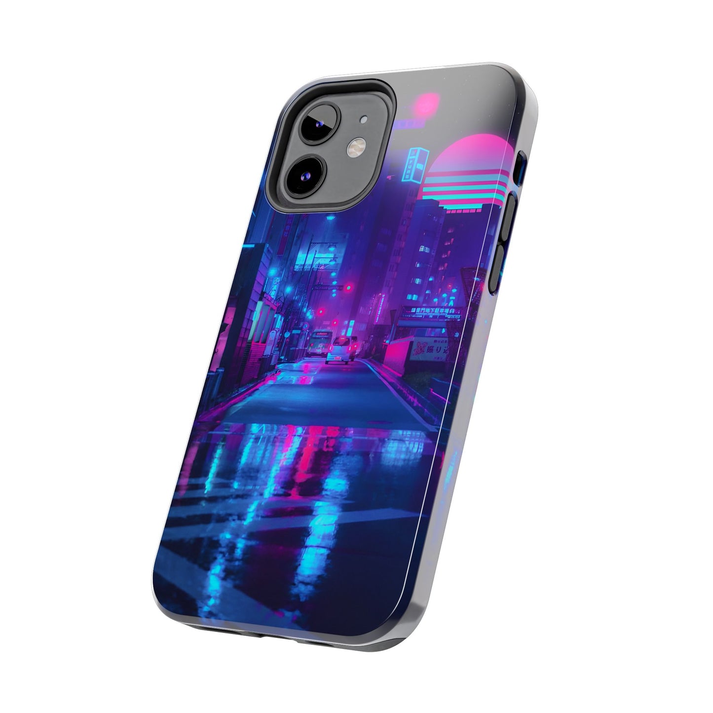 Cyberpunk Street, Dystopian Cyberpunk themed Phone Case with Lofi Aesthetic and Robotic Vaporwave Landscape