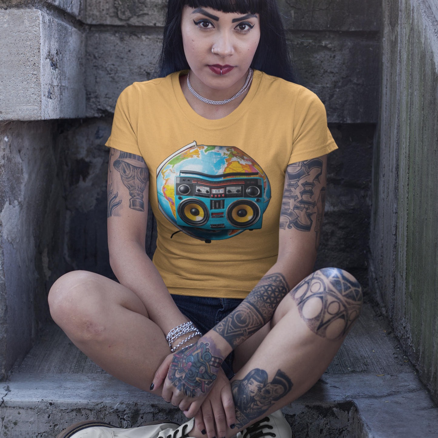 World Globe Travel Map and 1980s Boom Box - Nostalgia Mashup Travel Wear Tee