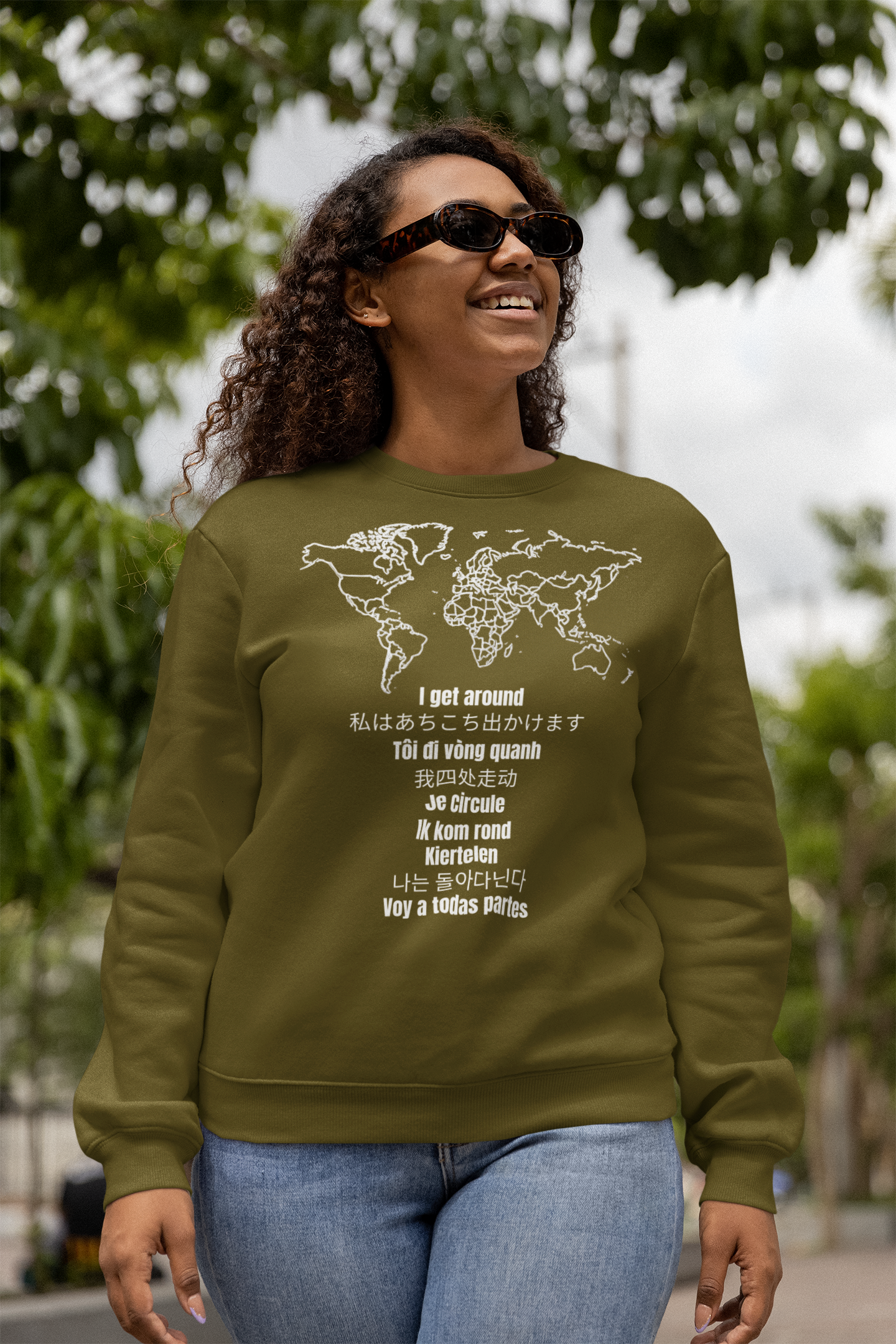 Crewneck World Map Sweatshirt- "I Get Around" Travel Lover, Front and Back Design